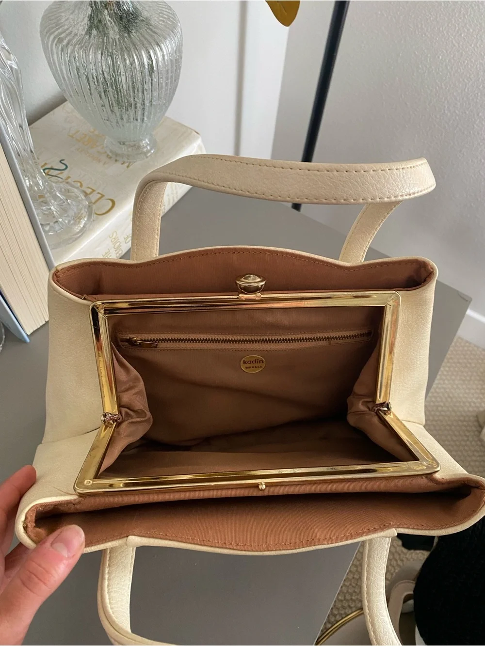 Classy Structured Cream Top-Handle purse w/Gold Accent button Hardware/reposh